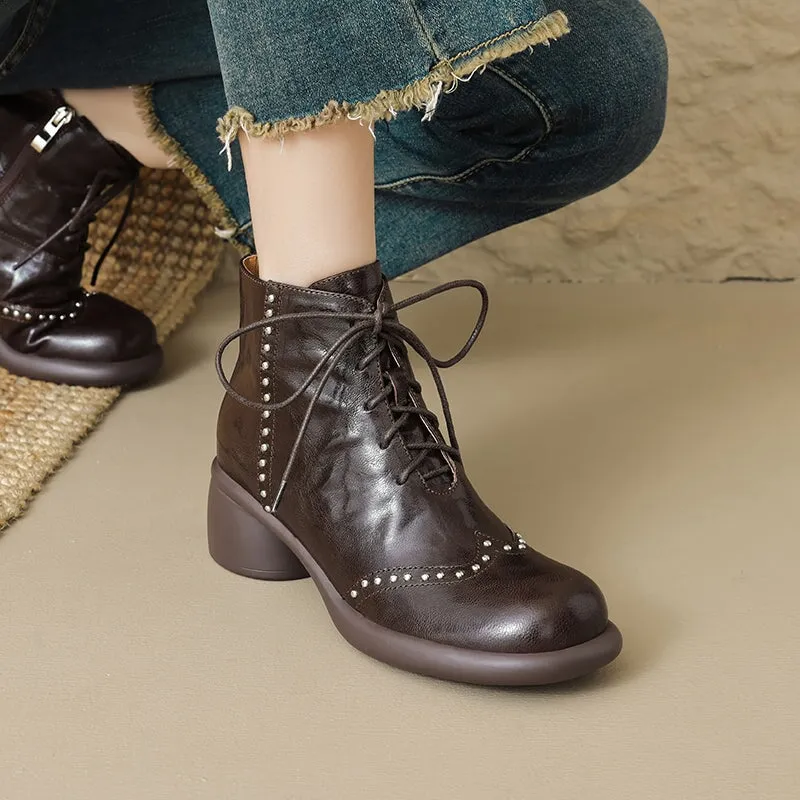 Women's Soft Sheepskin Lace-Up Ankle Boots with Cylinder Heel and Studded Detail in Black/Brown øriginalgrand Energy Oxfords