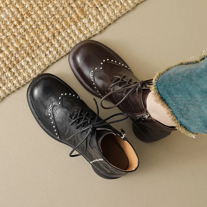 Slim Fit Oxford Shirt Women's Soft Sheepskin Lace-Up Ankle Boots with Cylinder Heel and Studded Detail in Black/Brown