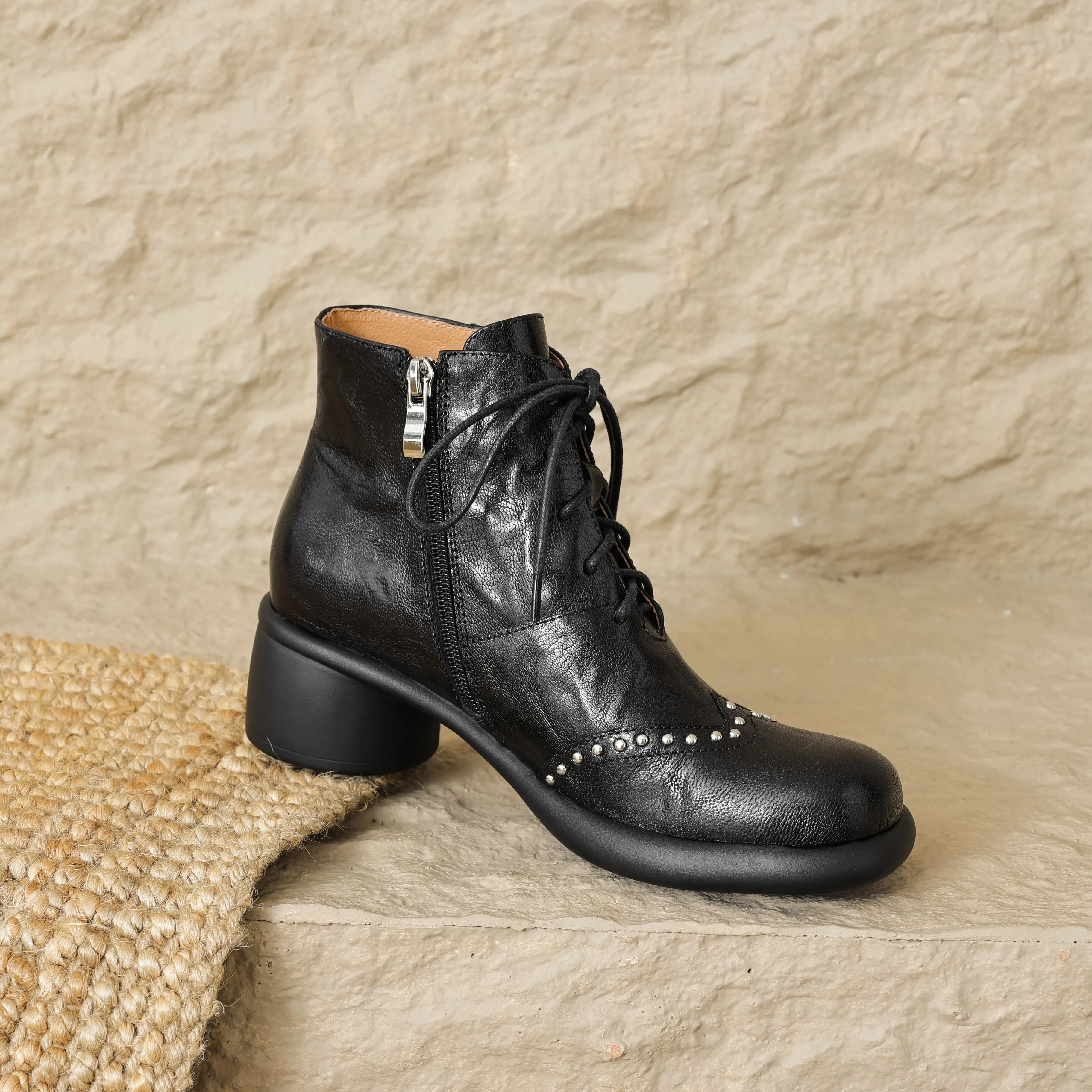 D Orsay Oxfords Women's Soft Sheepskin Lace-Up Ankle Boots with Cylinder Heel and Studded Detail in Black/Brown