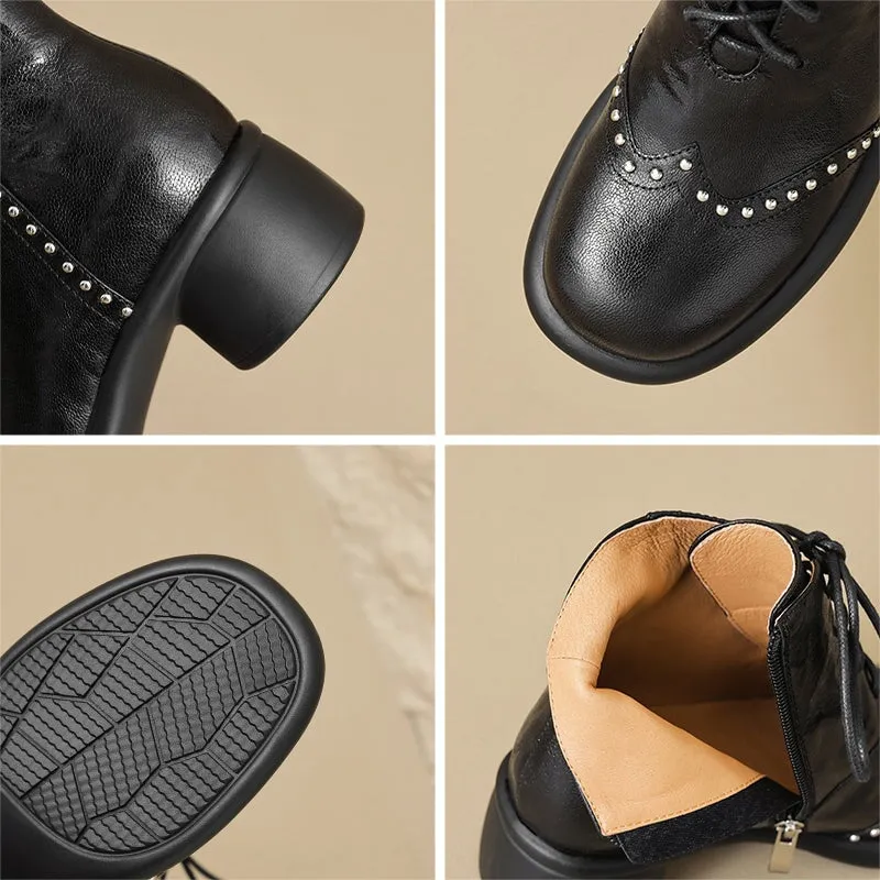 Women's Soft Sheepskin Lace-Up Ankle Boots with Cylinder Heel and Studded Detail in Black/Brown Zerøgrand Wingtip Oxford