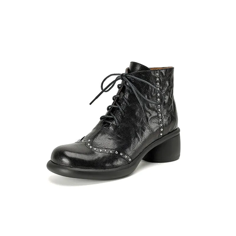 Women's Soft Sheepskin Lace-Up Ankle Boots with Cylinder Heel and Studded Detail in Black/Brown Park Avenue Oxford