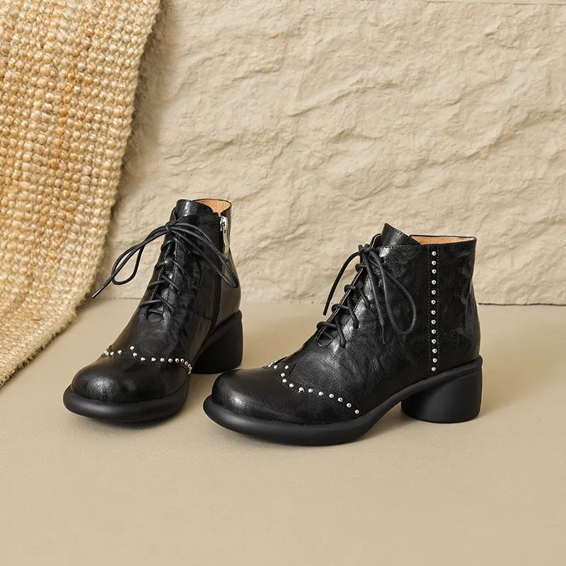 Oxfords Size 6 Women's Soft Sheepskin Lace-Up Ankle Boots with Cylinder Heel and Studded Detail in Black/Brown