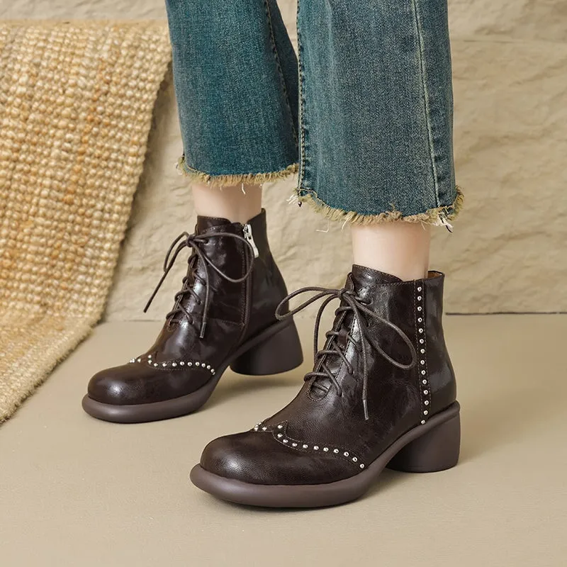 Women's Soft Sheepskin Lace-Up Ankle Boots with Cylinder Heel and Studded Detail in Black/Brown Amstar Oxford Al