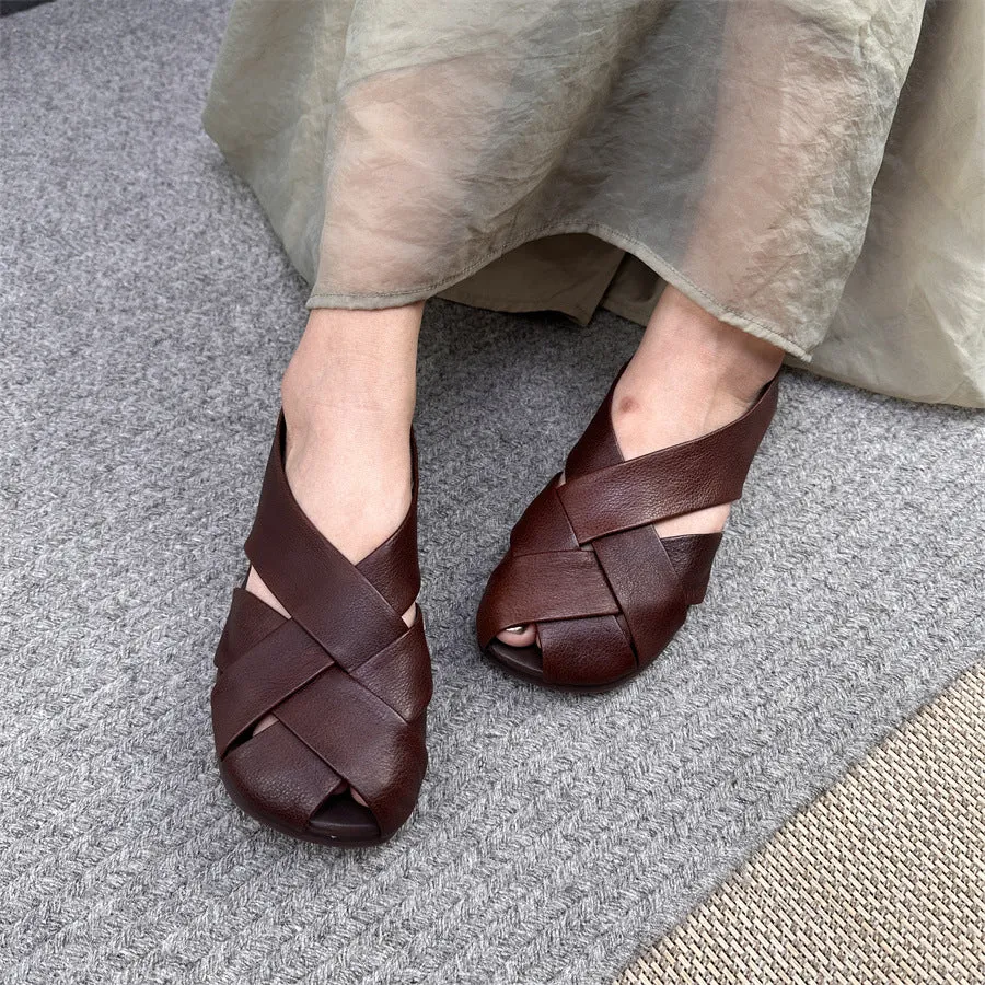 Womens Summer Retro Hollow Out Leather Shoes Wedge Heel Thong Sandals