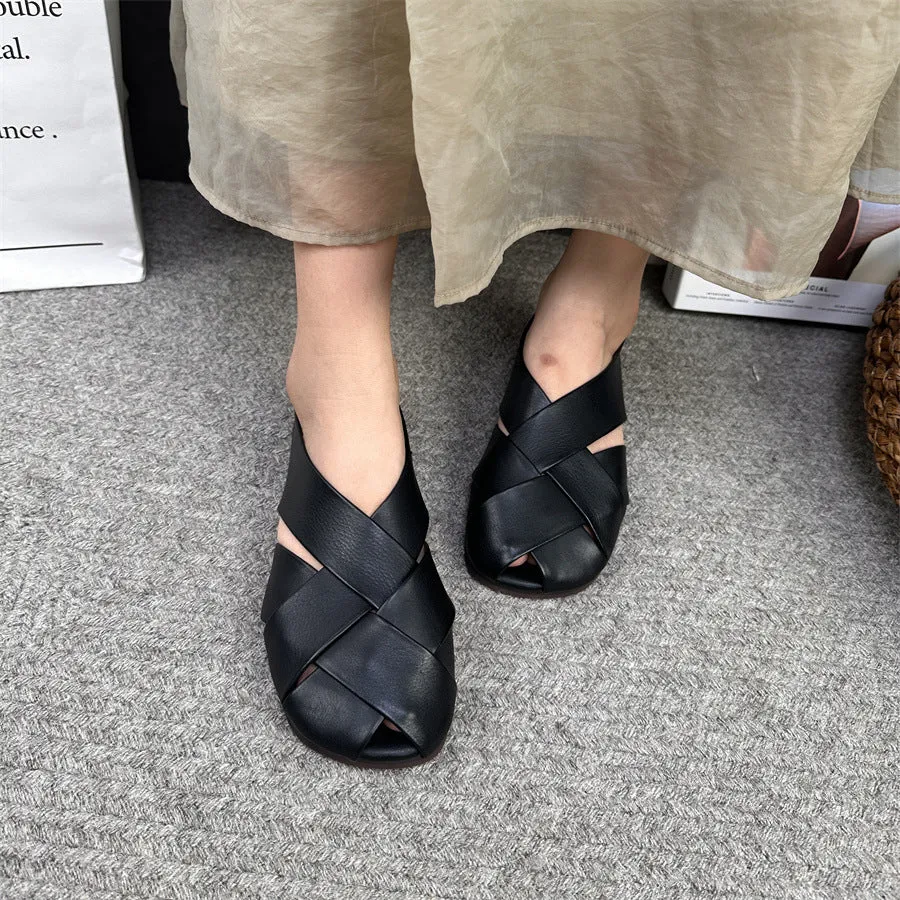 Womens Summer Retro Hollow Out Leather Shoes Sandals Flatform