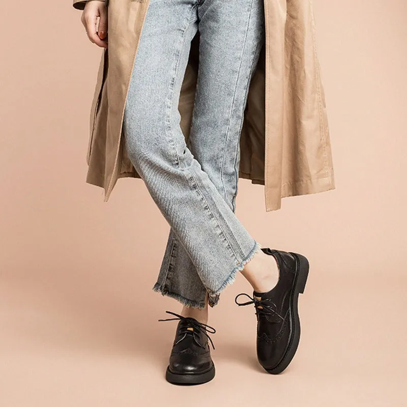 Strap Oxfords Womens Wingtip Shoes Handmade Leather Brogues Oxfords & Tie Flats Elegant Black/White