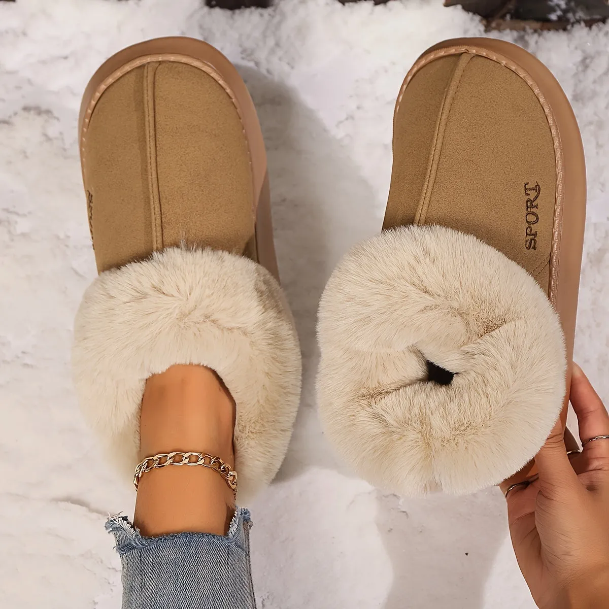 Wooden Slippers Women's Non-Slip Platform Slippers Shoes With Faux Fur Lining