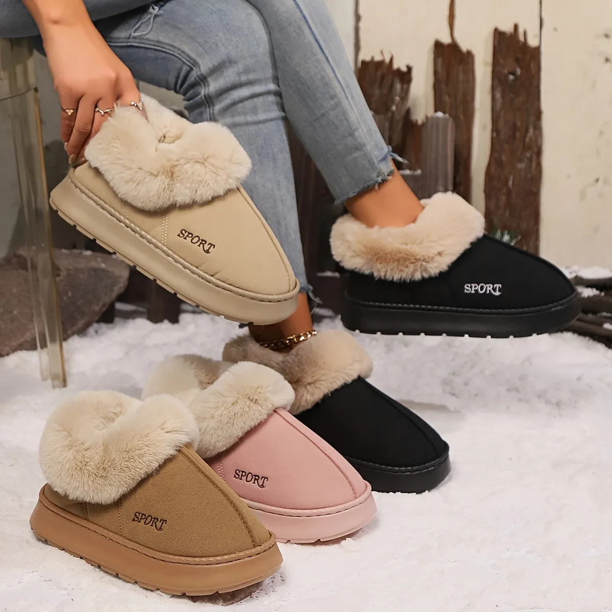 Bath Slippers Women's Non-Slip Platform Slippers Shoes With Faux Fur Lining
