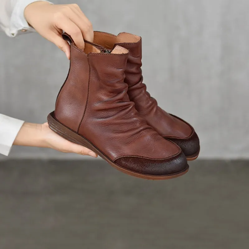 Wrinkled Leather Chelsea Boots For Women Soft Ankle Boots Retro Round Toe in Coffee/Black Waterproof Oxford Cloth