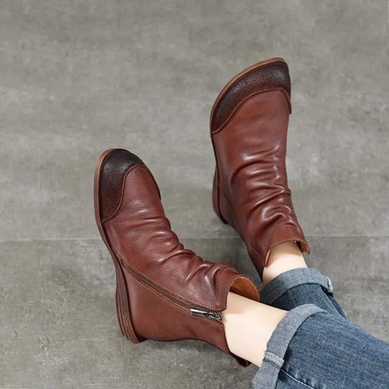 Wrinkled Leather Chelsea Boots For Women Soft Ankle Boots Retro Round Toe in Coffee/Black Pink Oxford Shirt