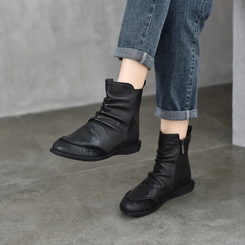 Styling Oxfords Wrinkled Leather Chelsea Boots For Women Soft Ankle Boots Retro Round Toe in Coffee/Black