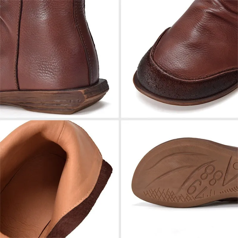 Wrinkled Leather Chelsea Boots For Women Soft Ankle Boots Retro Round Toe in Coffee/Black Wholecut Oxford