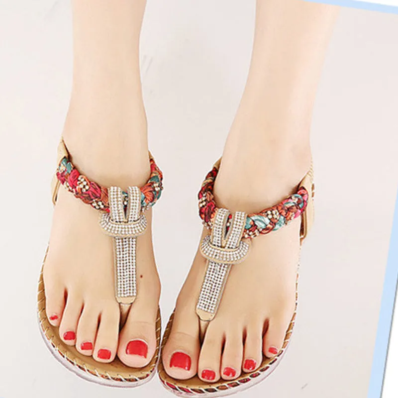 YAERNI Flat shoes Women 2018 new summer national wind sandals Bohemian diamond big size shoes beach shoes Flip-Flops BT538 Oofos Flip Flops