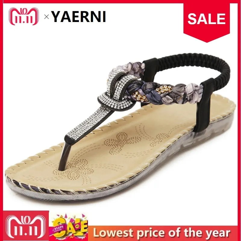 YAERNI Flat shoes Women 2018 new summer national wind sandals Bohemian diamond big size shoes beach shoes Flip-Flops BT538 Size 10 Flip Flops