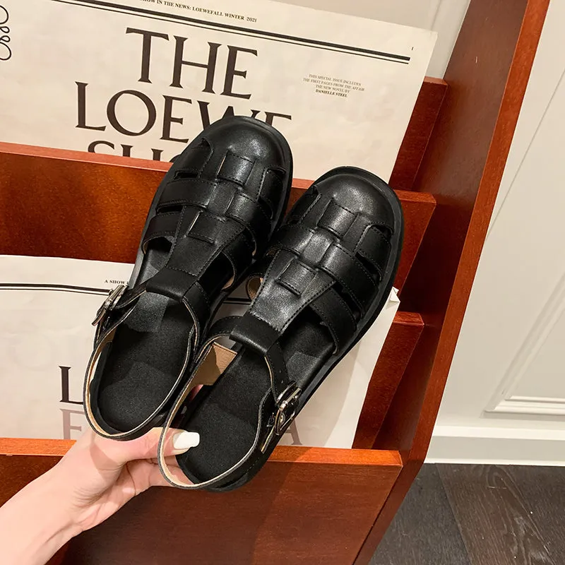 Womens Leather Fisherman Sandals Closed Toe High Heel Thong Sandals