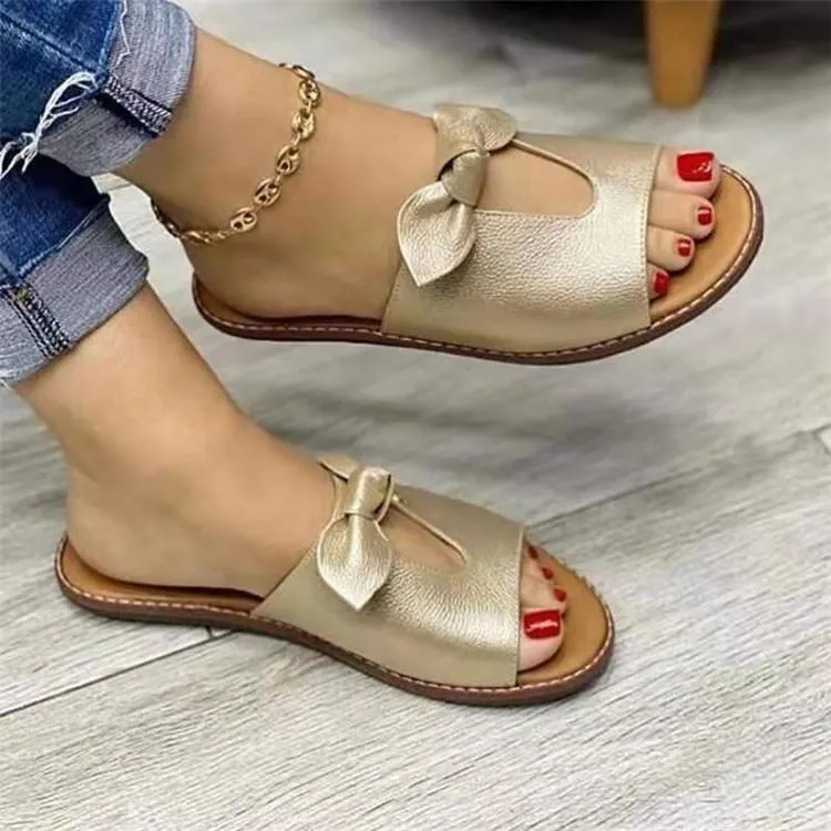 Women bow peep toe summer flat slide sandals Sunsan Sandals