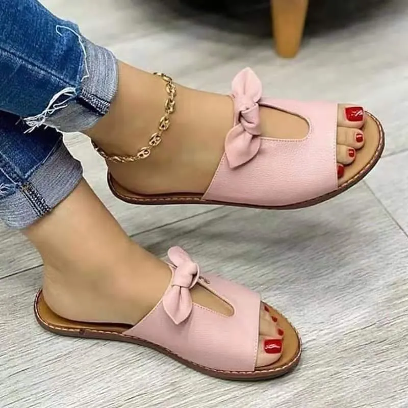 High Arched Sandals Women bow peep toe summer flat slide sandals