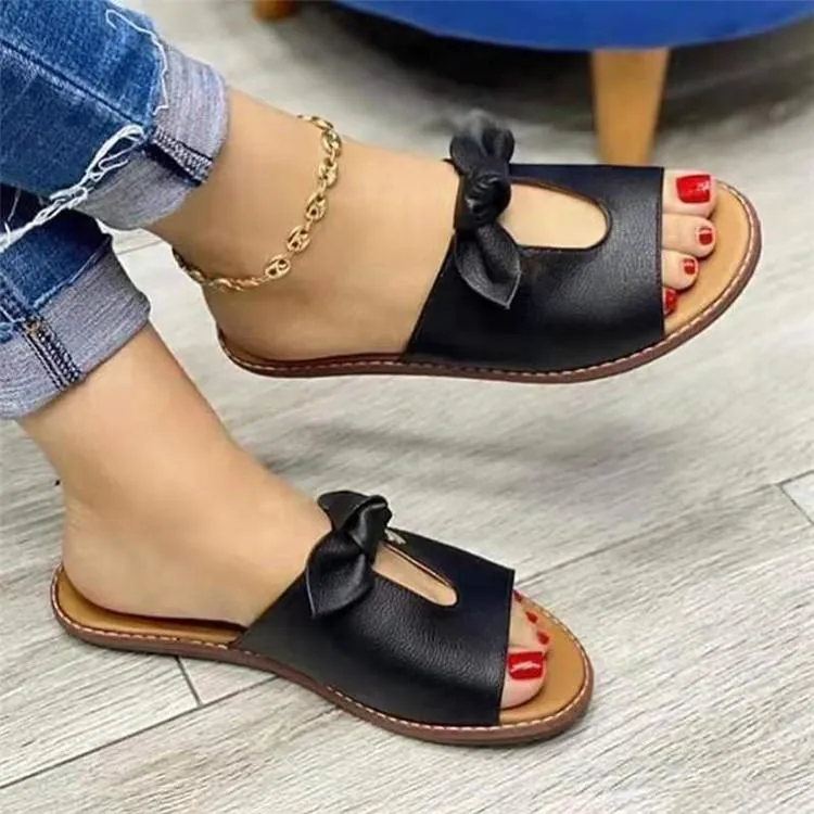 Sandals Slip Women bow peep toe summer flat slide sandals