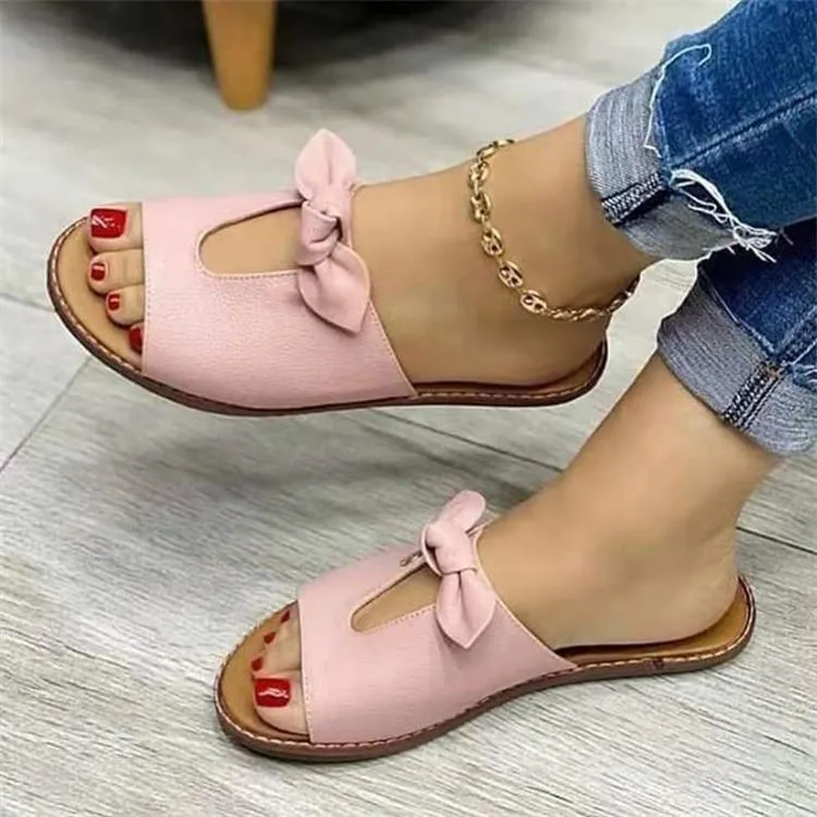 Women bow peep toe summer flat slide sandals Golf Sandals