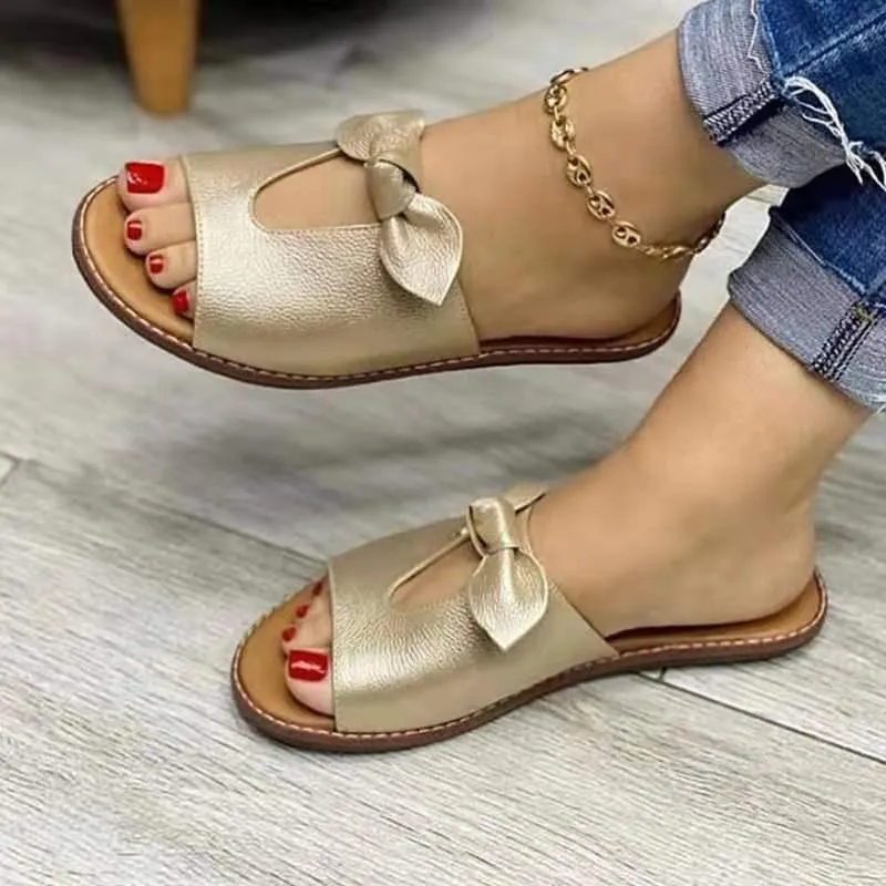 Women bow peep toe summer flat slide sandals White Leather Sandals