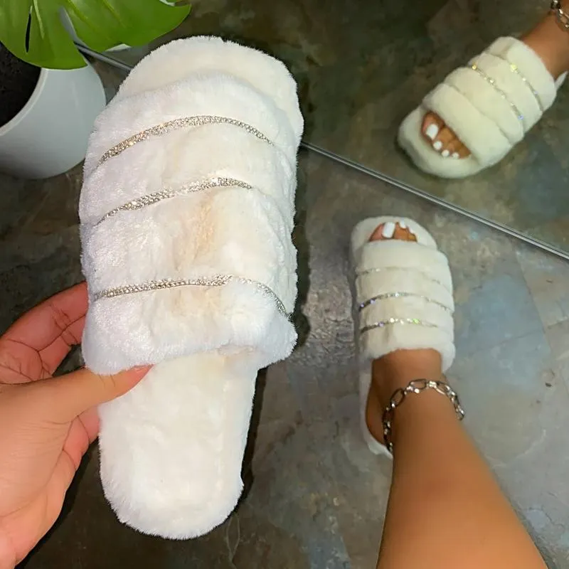 Chicvane Rhinestone Faux Fur Open Toe Fluffy Flat Slide Sleeper For Women House Bootie Slippers