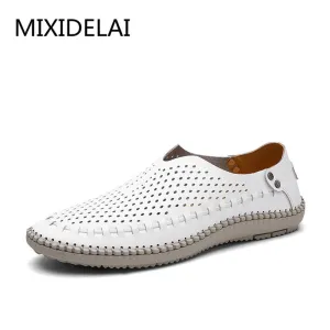 MIXIDELAI New Summer Causal Shoes Men Loafers Genuine Leather Moccasins Men Driving Shoes High Quality Flats For Man size 38-46 Penny Loafers Without Socks